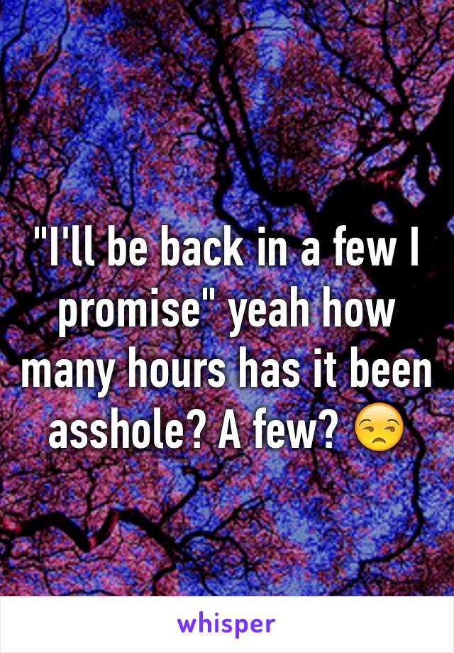 "I'll be back in a few I promise" yeah how many hours has it been asshole? A few? 😒