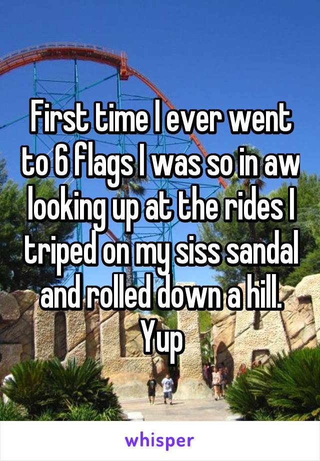 First time I ever went to 6 flags I was so in aw looking up at the rides I triped on my siss sandal and rolled down a hill. Yup