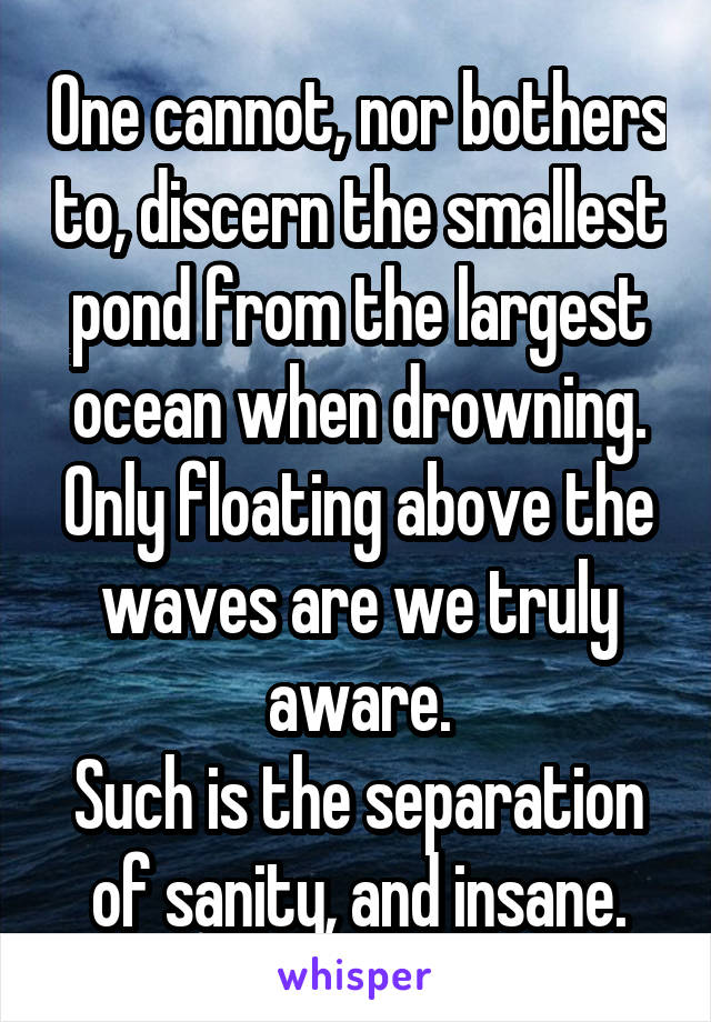 One cannot, nor bothers to, discern the smallest pond from the largest ocean when drowning. Only floating above the waves are we truly aware.
Such is the separation of sanity, and insane.