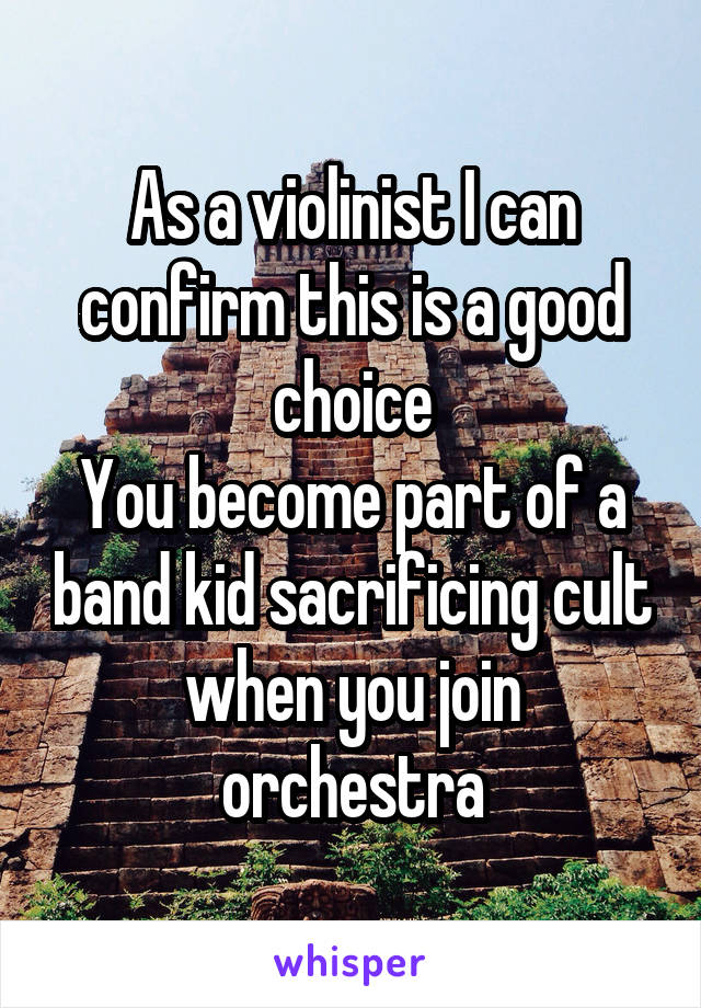 As a violinist I can confirm this is a good choice
You become part of a band kid sacrificing cult when you join orchestra