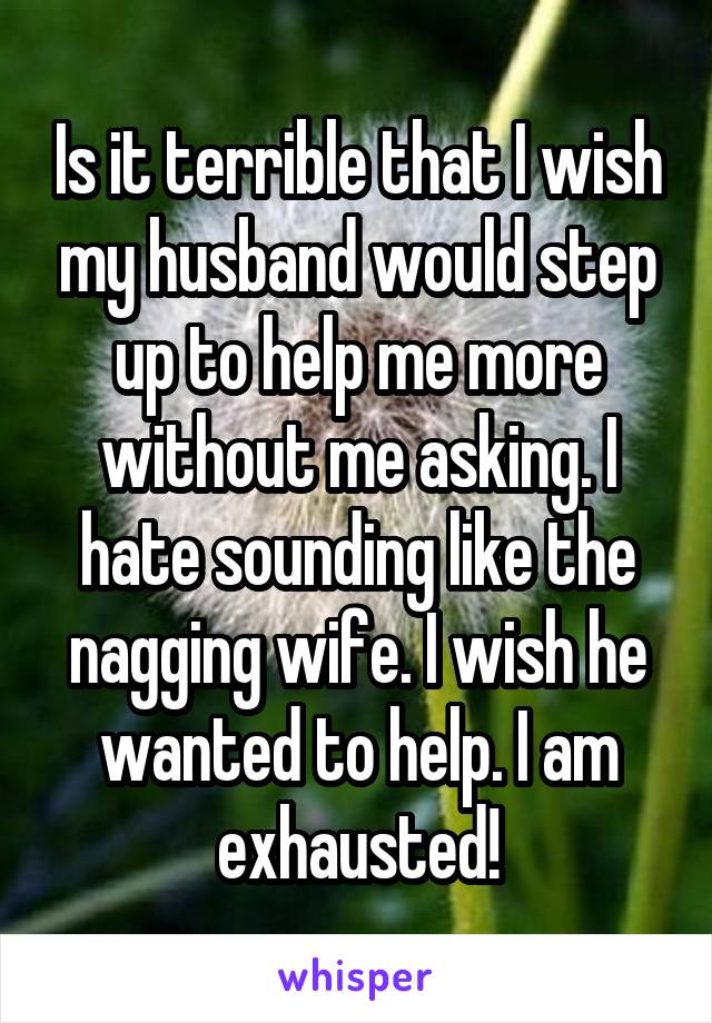 Is it terrible that I wish my husband would step up to help me more without me asking. I hate sounding like the nagging wife. I wish he wanted to help. I am exhausted!