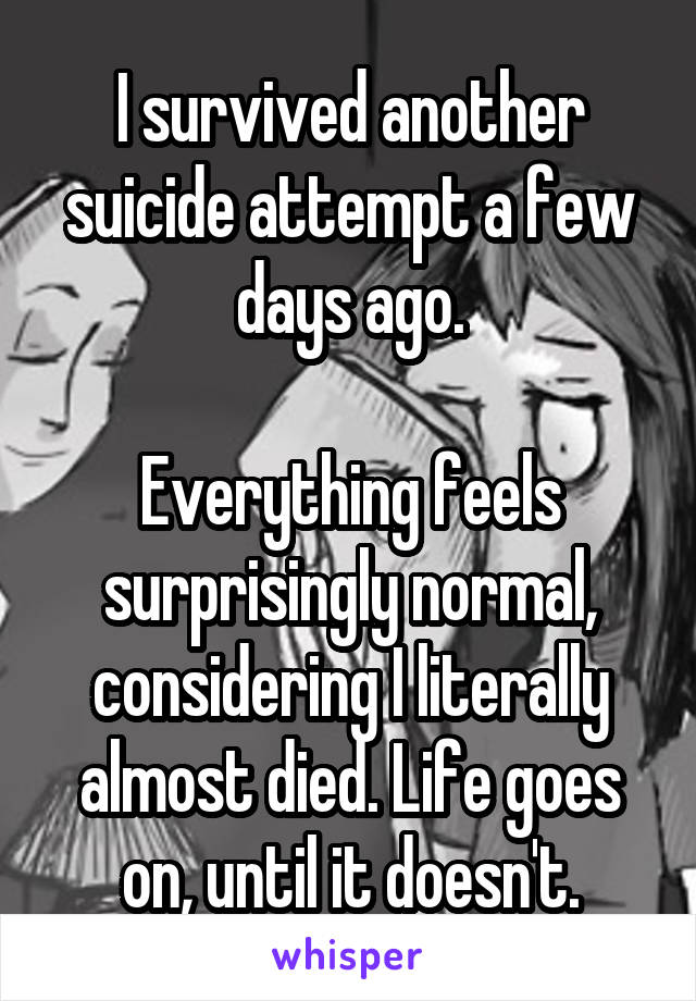 I survived another suicide attempt a few days ago.

Everything feels surprisingly normal, considering I literally almost died. Life goes on, until it doesn't.