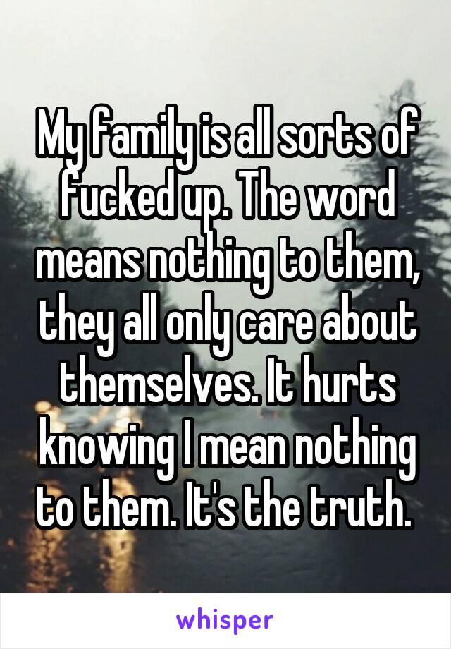 My family is all sorts of fucked up. The word means nothing to them, they all only care about themselves. It hurts knowing I mean nothing to them. It's the truth. 