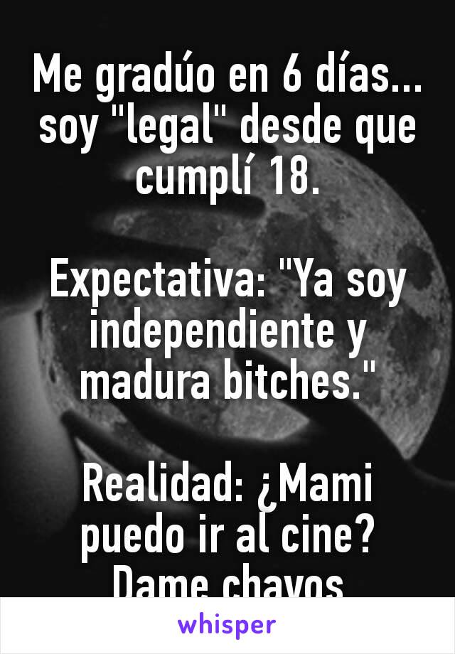 Me gradúo en 6 días... soy "legal" desde que cumplí 18.

Expectativa: "Ya soy independiente y madura bitches."

Realidad: ¿Mami puedo ir al cine? Dame chavos