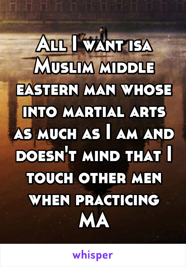 All I want isa Muslim middle eastern man whose into martial arts as much as I am and doesn't mind that I touch other men when practicing MA