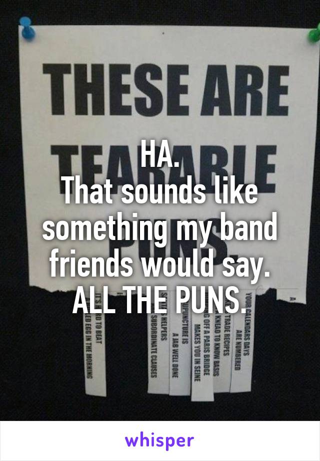 HA.
That sounds like something my band friends would say.
ALL THE PUNS.