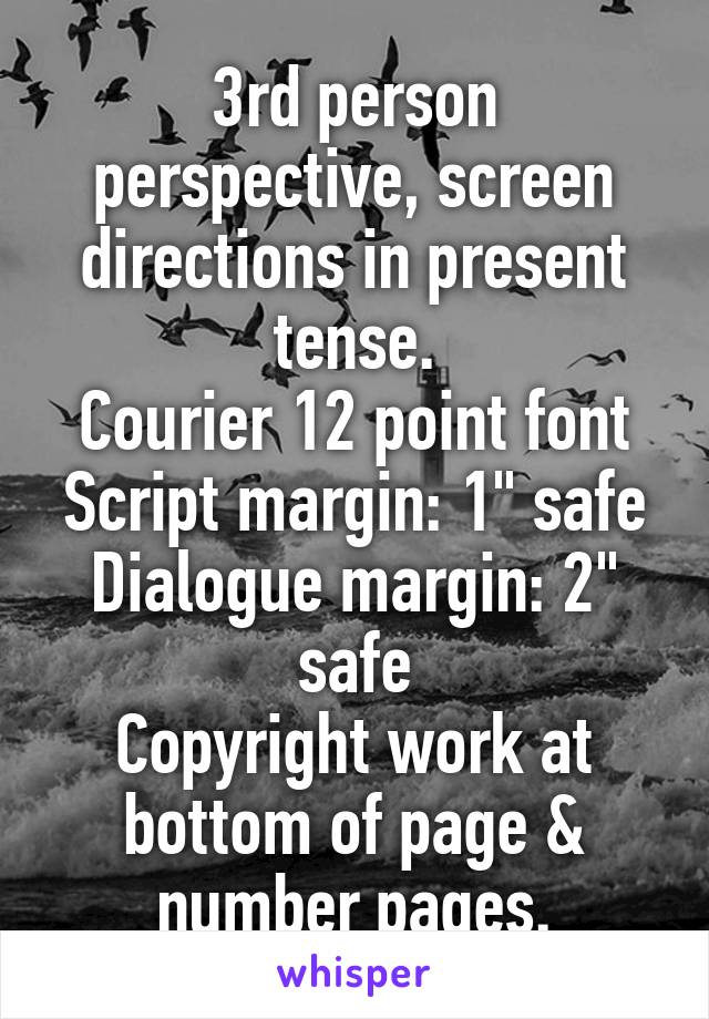 3rd person perspective, screen directions in present tense.
Courier 12 point font
Script margin: 1" safe
Dialogue margin: 2" safe
Copyright work at bottom of page & number pages.