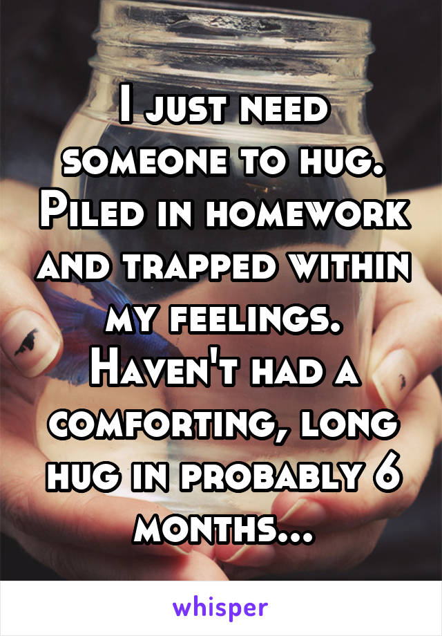 I just need someone to hug. Piled in homework and trapped within my feelings. Haven't had a comforting, long hug in probably 6 months...