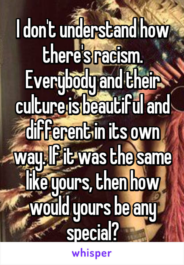 I don't understand how there's racism. Everybody and their culture is beautiful and different in its own way. If it was the same like yours, then how would yours be any special?