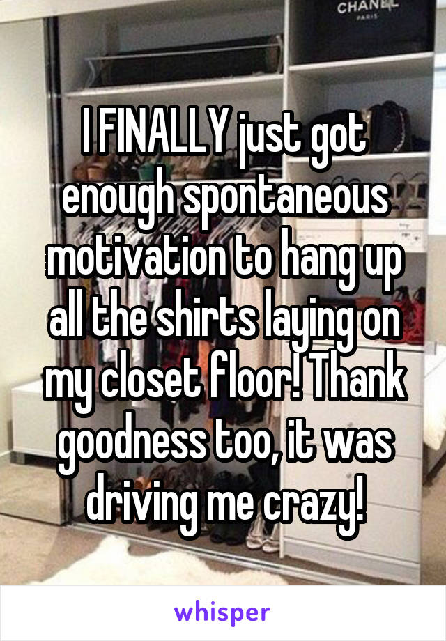 I FINALLY just got enough spontaneous motivation to hang up all the shirts laying on my closet floor! Thank goodness too, it was driving me crazy!