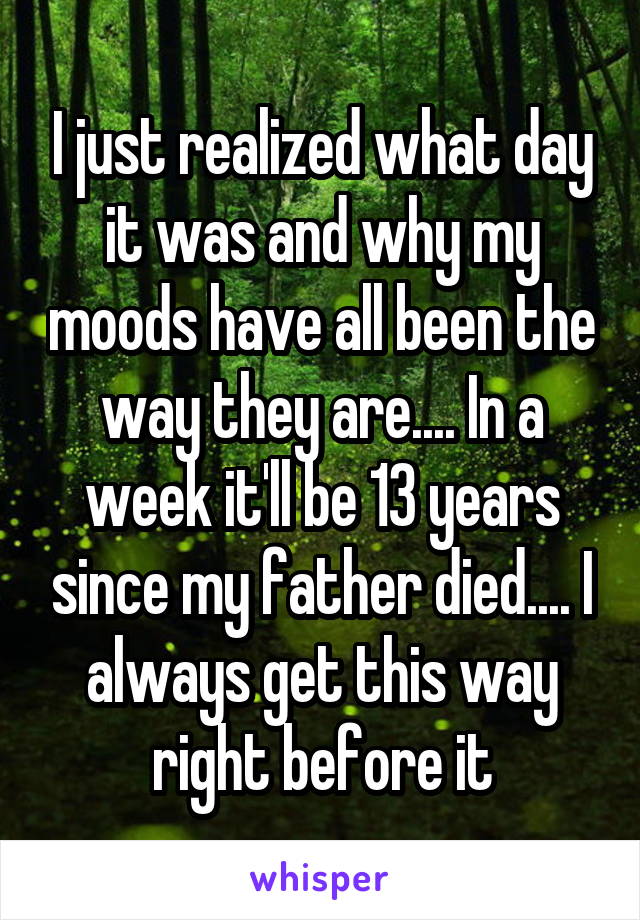 I just realized what day it was and why my moods have all been the way they are.... In a week it'll be 13 years since my father died.... I always get this way right before it