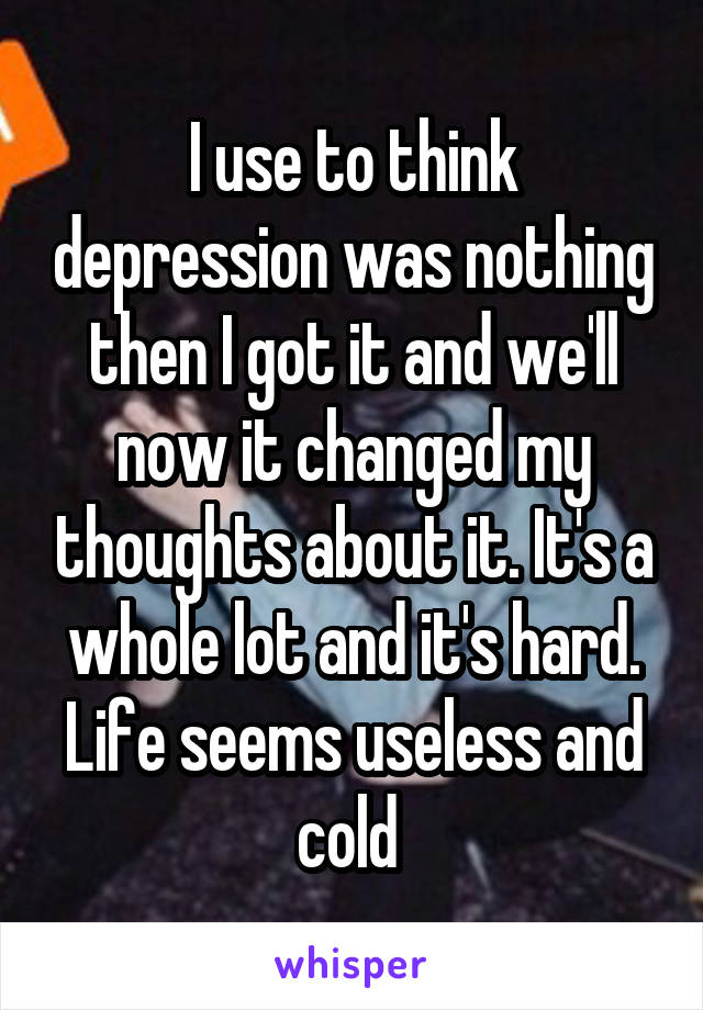 I use to think depression was nothing then I got it and we'll now it changed my thoughts about it. It's a whole lot and it's hard. Life seems useless and cold 