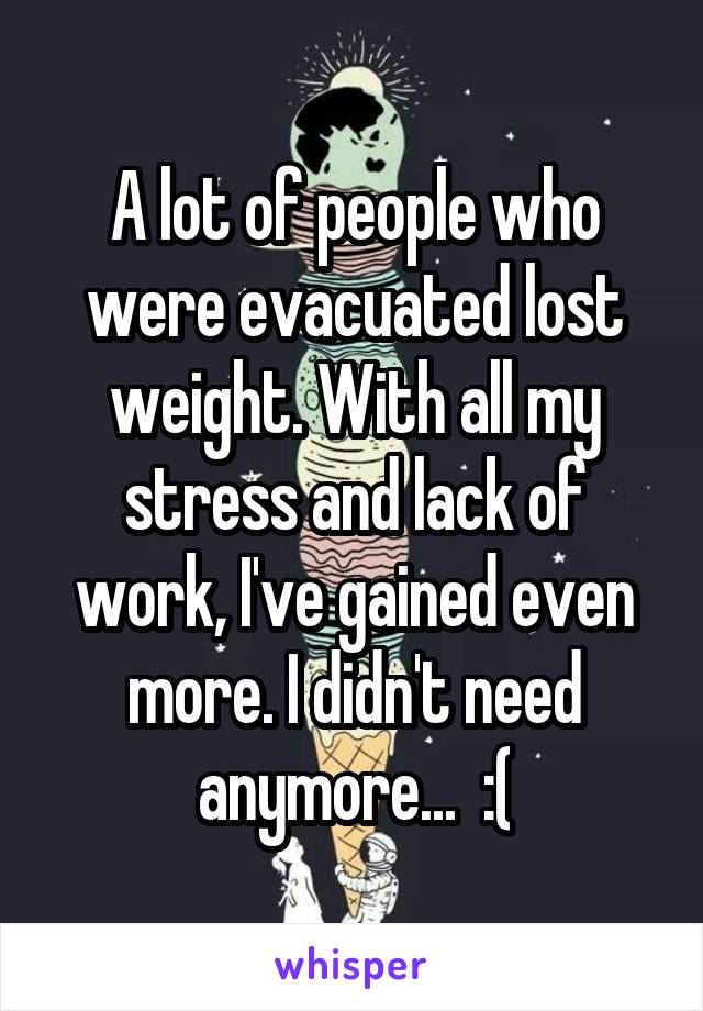 A lot of people who were evacuated lost weight. With all my stress and lack of work, I've gained even more. I didn't need anymore...  :(