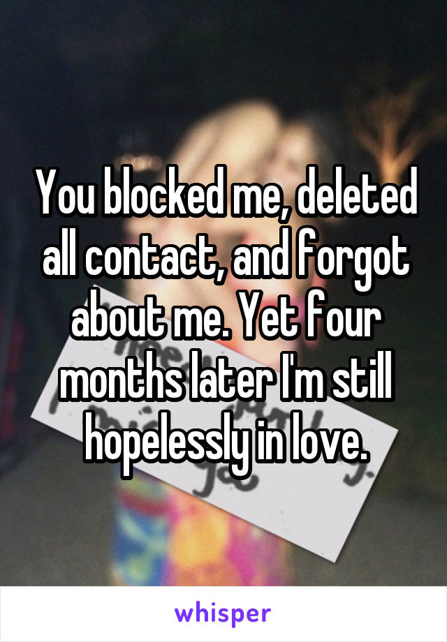 You blocked me, deleted all contact, and forgot about me. Yet four months later I'm still hopelessly in love.