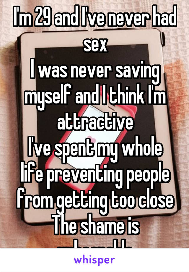 I'm 29 and I've never had sex
I was never saving myself and I think I'm attractive
I've spent my whole life preventing people from getting too close
The shame is unbearable