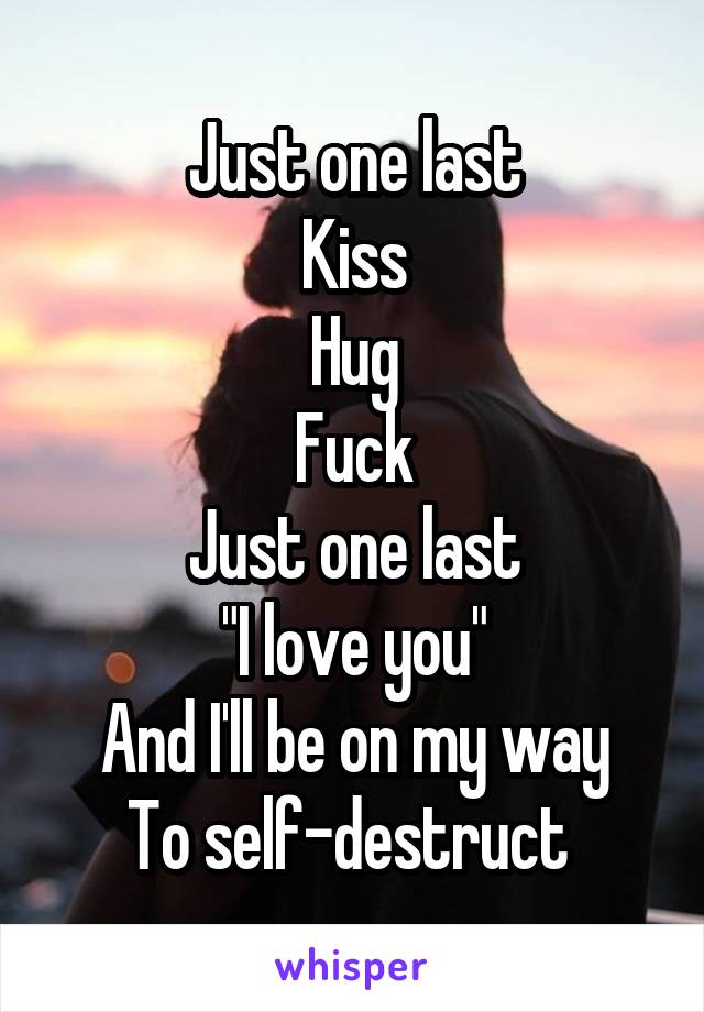 Just one last
Kiss
Hug
Fuck
Just one last
"I love you"
And I'll be on my way
To self-destruct 