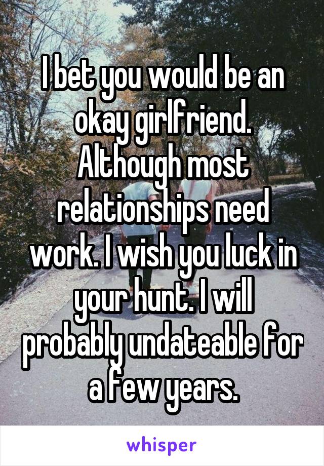 I bet you would be an okay girlfriend. Although most relationships need work. I wish you luck in your hunt. I will probably undateable for a few years.