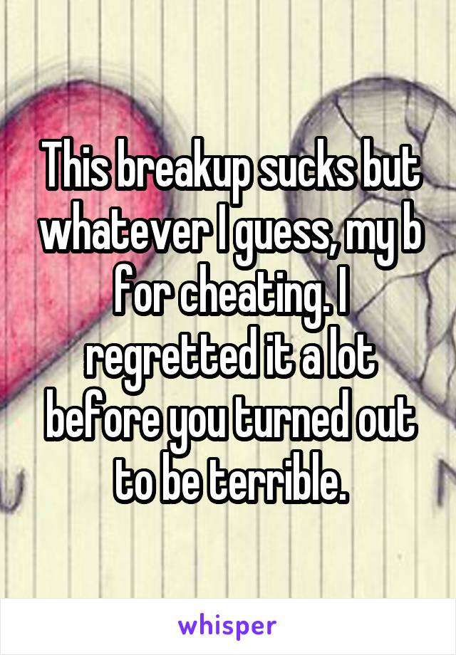 This breakup sucks but whatever I guess, my b for cheating. I regretted it a lot before you turned out to be terrible.