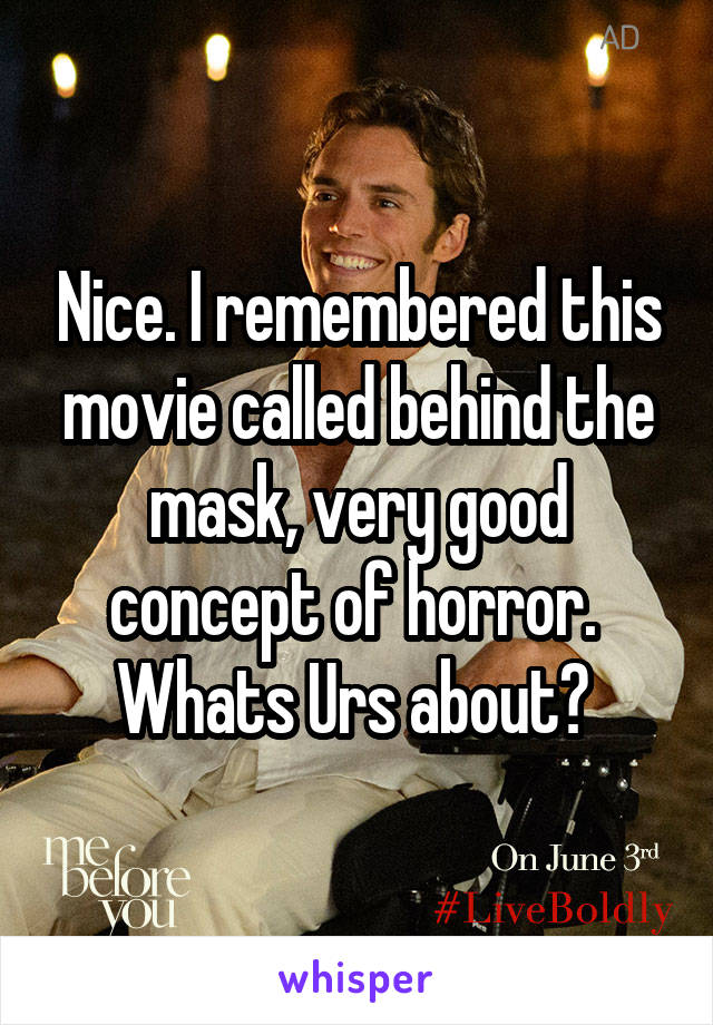 Nice. I remembered this movie called behind the mask, very good concept of horror.  Whats Urs about? 