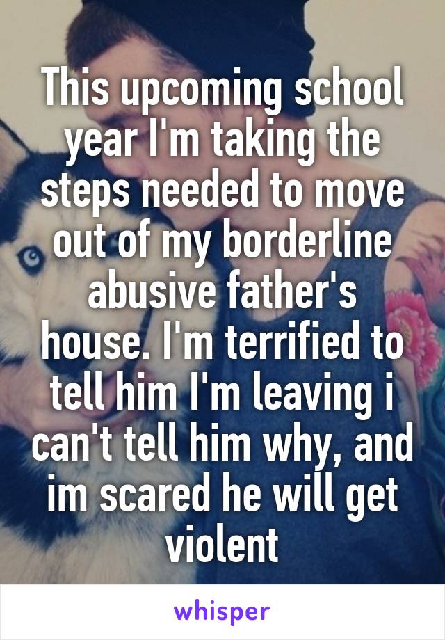 This upcoming school year I'm taking the steps needed to move out of my borderline abusive father's house. I'm terrified to tell him I'm leaving i can't tell him why, and im scared he will get violent