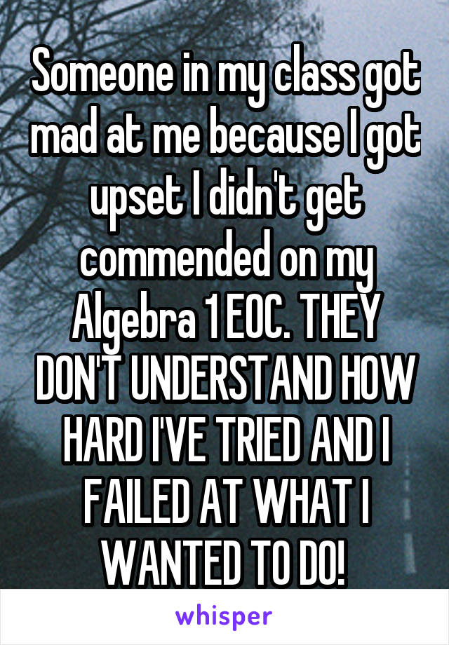 Someone in my class got mad at me because I got upset I didn't get commended on my Algebra 1 EOC. THEY DON'T UNDERSTAND HOW HARD I'VE TRIED AND I FAILED AT WHAT I WANTED TO DO! 