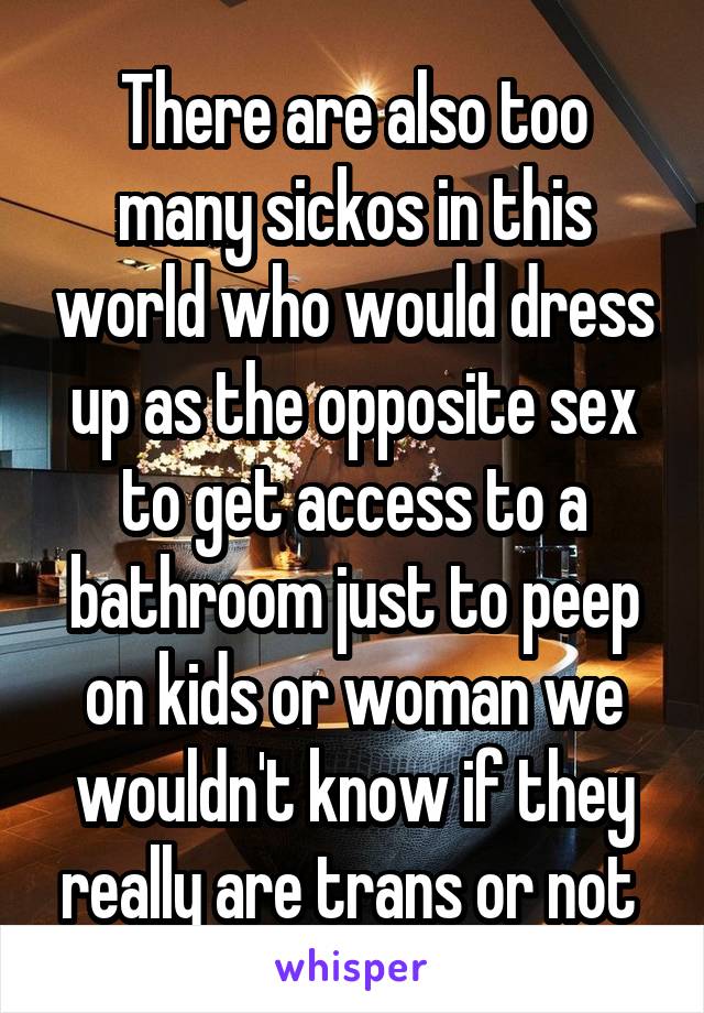 There are also too many sickos in this world who would dress up as the opposite sex to get access to a bathroom just to peep on kids or woman we wouldn't know if they really are trans or not 