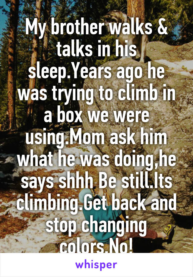 My brother walks & talks in his sleep.Years ago he was trying to climb in a box we were using.Mom ask him what he was doing,he says shhh Be still.Its climbing.Get back and stop changing colors.No!