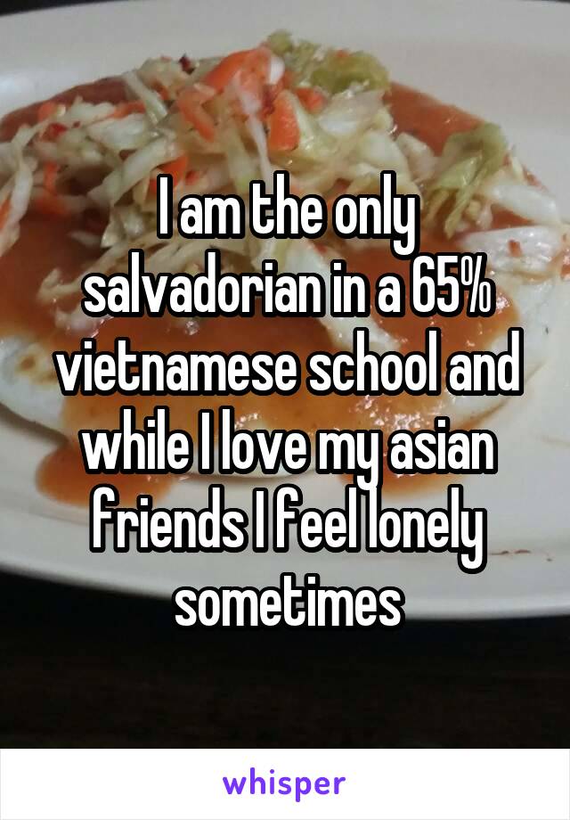 I am the only salvadorian in a 65% vietnamese school and while I love my asian friends I feel lonely sometimes