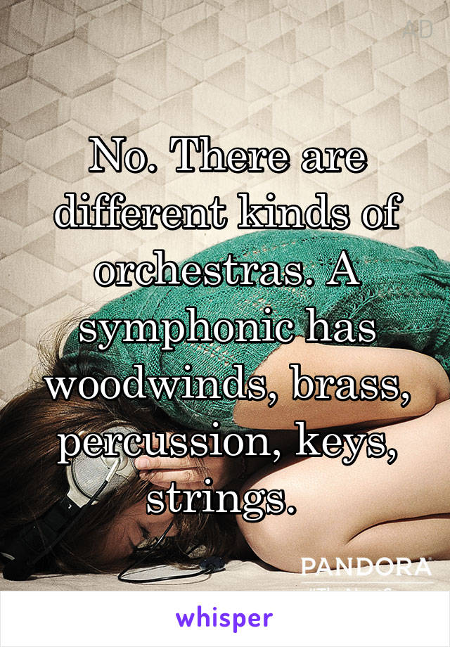 No. There are different kinds of orchestras. A symphonic has woodwinds, brass, percussion, keys, strings. 