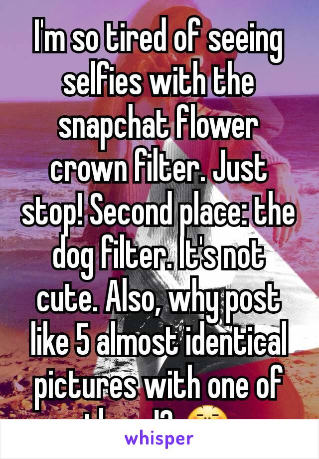 I'm so tired of seeing selfies with the snapchat flower crown filter. Just stop! Second place: the dog filter. It's not cute. Also, why post like 5 almost identical pictures with one of these!? 😤