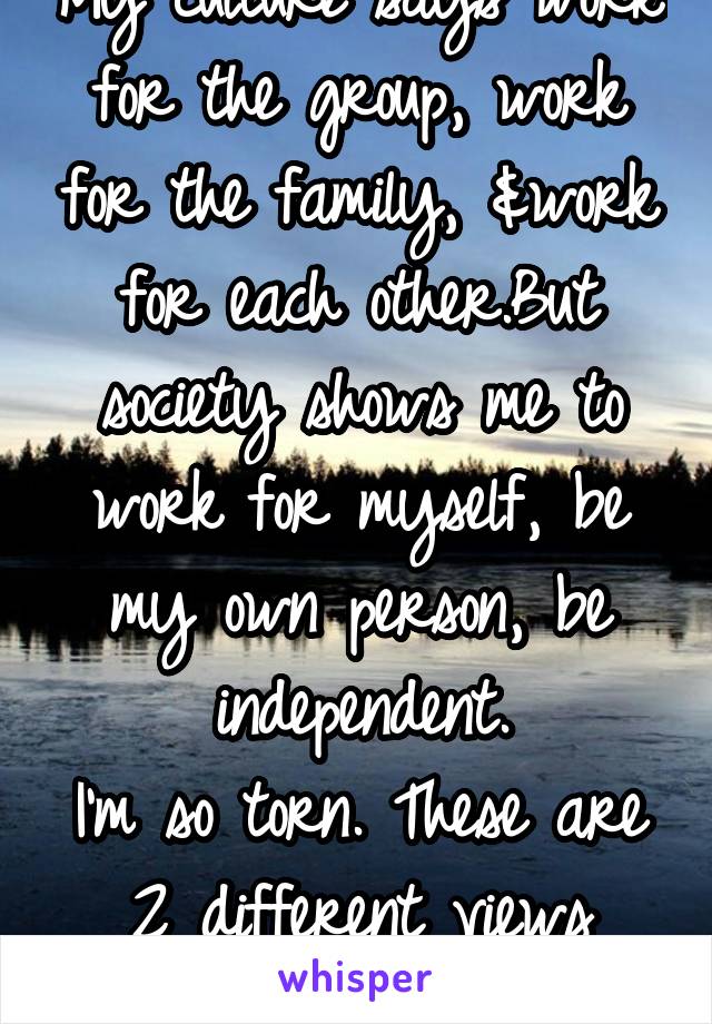 My culture says work for the group, work for the family, &work for each other.But society shows me to work for myself, be my own person, be independent.
I'm so torn. These are 2 different views
Idk