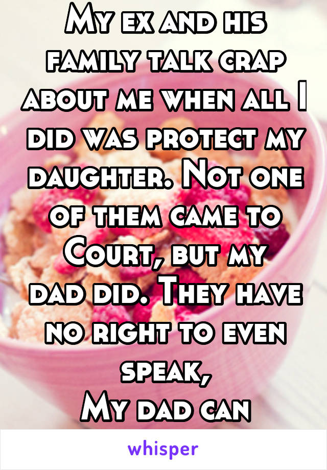 My ex and his family talk crap about me when all I did was protect my daughter. Not one of them came to
Court, but my dad did. They have no right to even speak,
My dad can though.