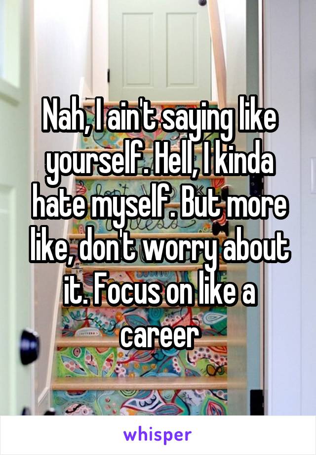 Nah, I ain't saying like yourself. Hell, I kinda hate myself. But more like, don't worry about it. Focus on like a career