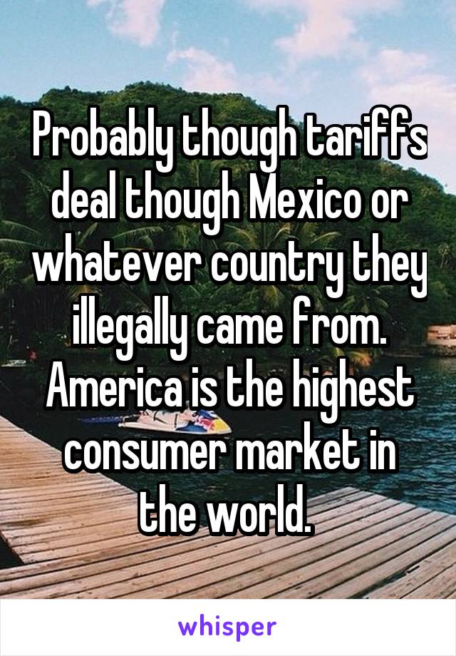 Probably though tariffs deal though Mexico or whatever country they illegally came from. America is the highest consumer market in the world. 