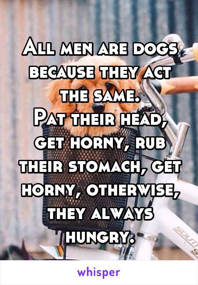 All men are dogs because they act the same.
Pat their head, get horny, rub their stomach, get horny, otherwise, they always hungry.