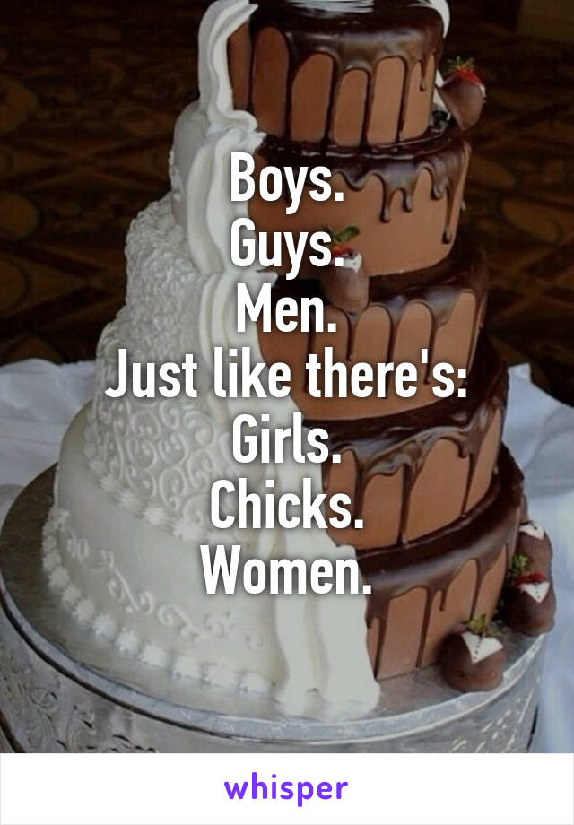 Boys.
Guys.
Men.
Just like there's:
Girls.
Chicks.
Women.
