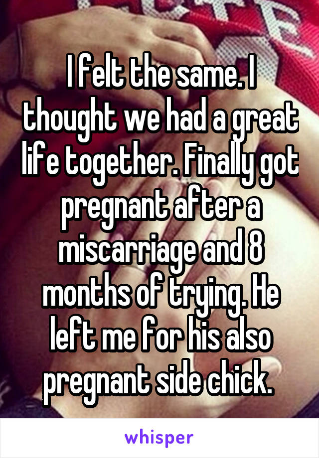 I felt the same. I thought we had a great life together. Finally got pregnant after a miscarriage and 8 months of trying. He left me for his also pregnant side chick. 