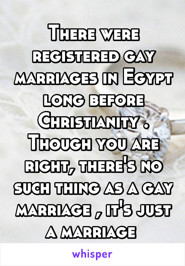 There were registered gay marriages in Egypt long before Christianity . Though you are right, there's no such thing as a gay marriage , it's just a marriage 