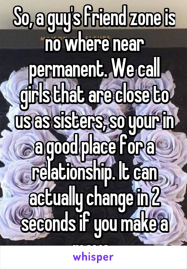 So, a guy's friend zone is no where near permanent. We call girls that are close to us as sisters, so your in a good place for a relationship. It can actually change in 2 seconds if you make a move. 