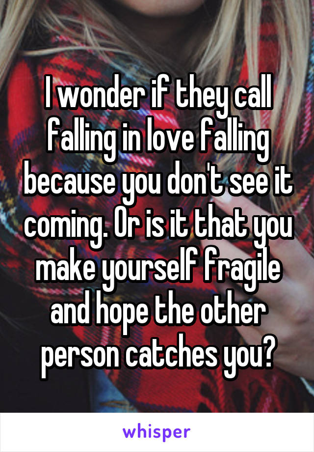 I wonder if they call falling in love falling because you don't see it coming. Or is it that you make yourself fragile and hope the other person catches you?