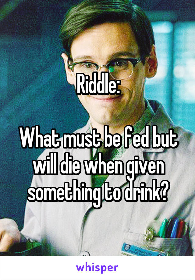 Riddle:

What must be fed but will die when given something to drink?