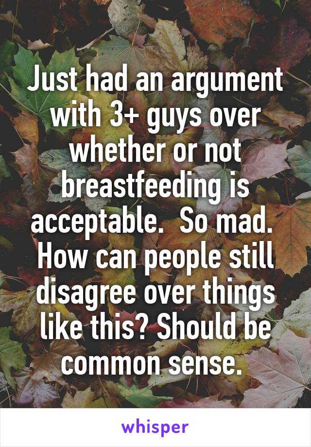Just had an argument with 3+ guys over whether or not breastfeeding is acceptable.  So mad.  How can people still disagree over things like this? Should be common sense. 