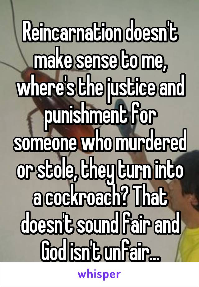 Reincarnation doesn't make sense to me, where's the justice and punishment for someone who murdered or stole, they turn into a cockroach? That doesn't sound fair and God isn't unfair...