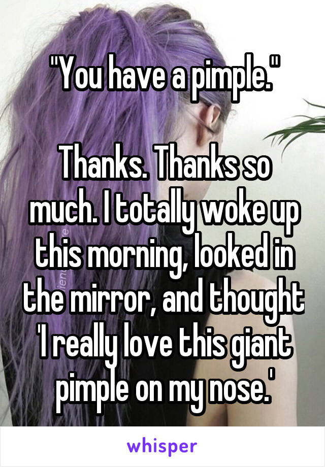 "You have a pimple."

Thanks. Thanks so much. I totally woke up this morning, looked in the mirror, and thought 'I really love this giant pimple on my nose.'