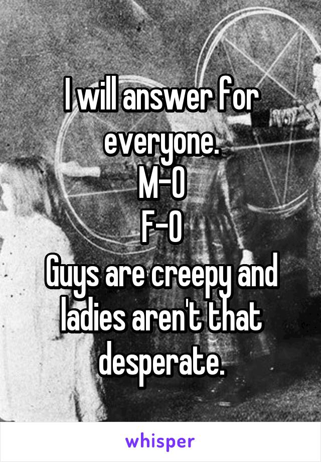 I will answer for everyone.
M-0
F-0
Guys are creepy and ladies aren't that desperate.