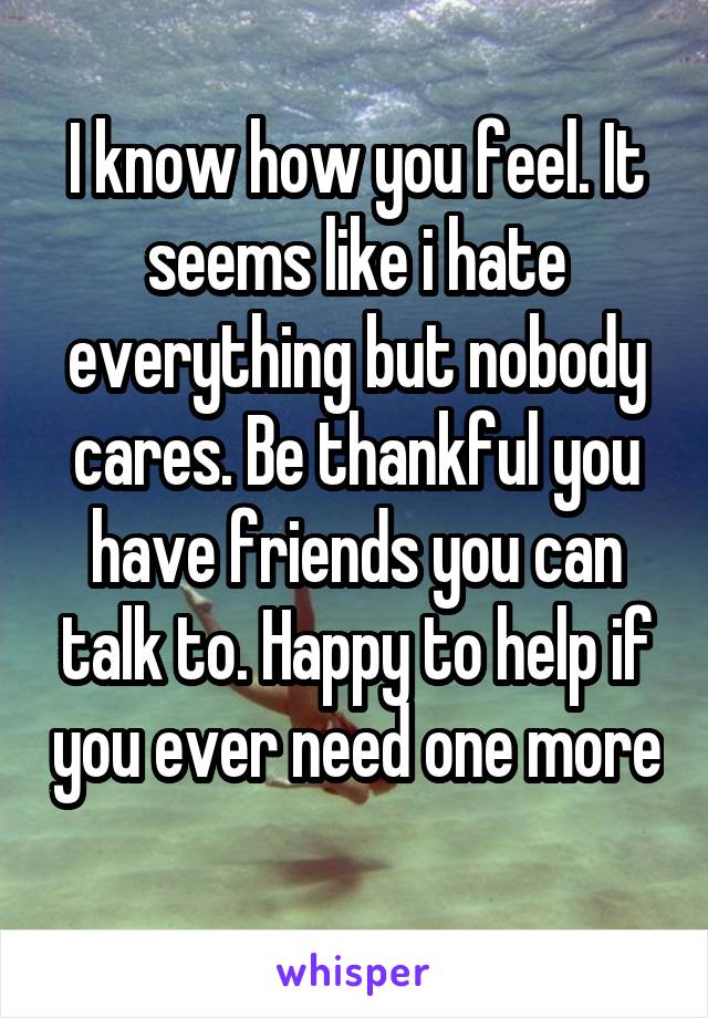 I know how you feel. It seems like i hate everything but nobody cares. Be thankful you have friends you can talk to. Happy to help if you ever need one more 