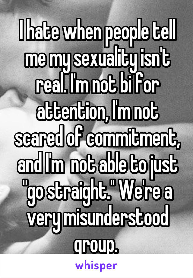 I hate when people tell me my sexuality isn't real. I'm not bi for attention, I'm not scared of commitment, and I'm  not able to just "go straight." We're a very misunderstood group. 