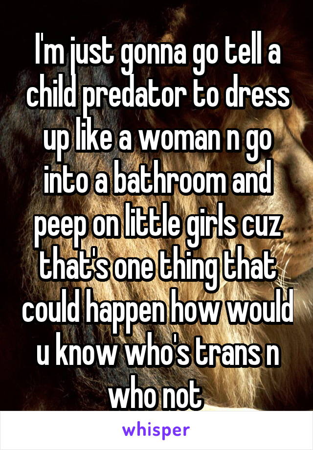 I'm just gonna go tell a child predator to dress up like a woman n go into a bathroom and peep on little girls cuz that's one thing that could happen how would u know who's trans n who not 