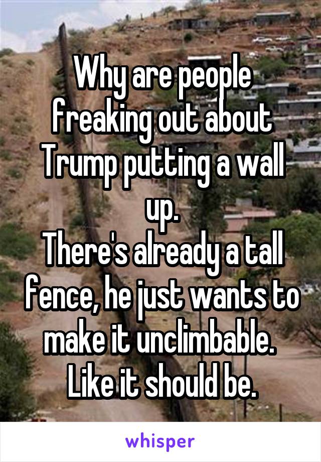Why are people freaking out about Trump putting a wall up.
There's already a tall fence, he just wants to make it unclimbable. 
Like it should be.