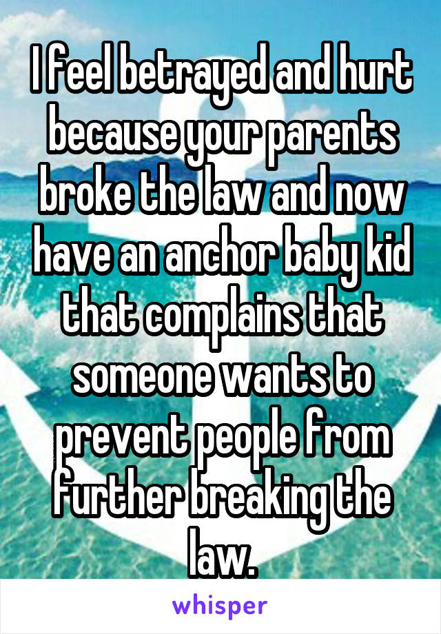I feel betrayed and hurt because your parents broke the law and now have an anchor baby kid that complains that someone wants to prevent people from further breaking the law.